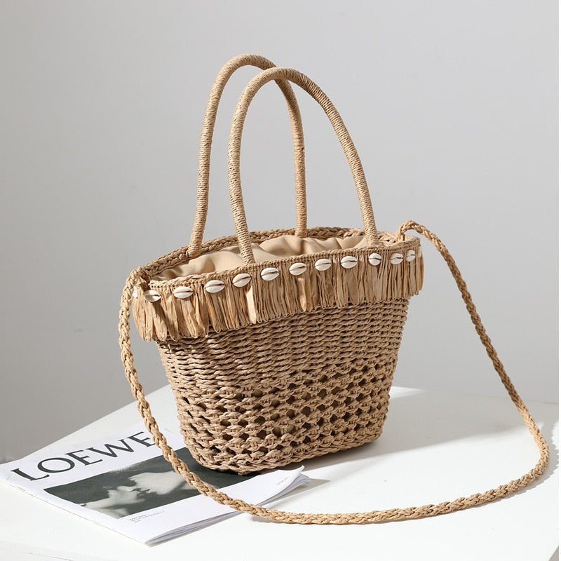 OAQQA Summer New Shell Design Ladies Straw Handbag Leisure Vacation Hollow Out Beach Bag Straw Rope Hand-woven Fringed Shoulder Bag