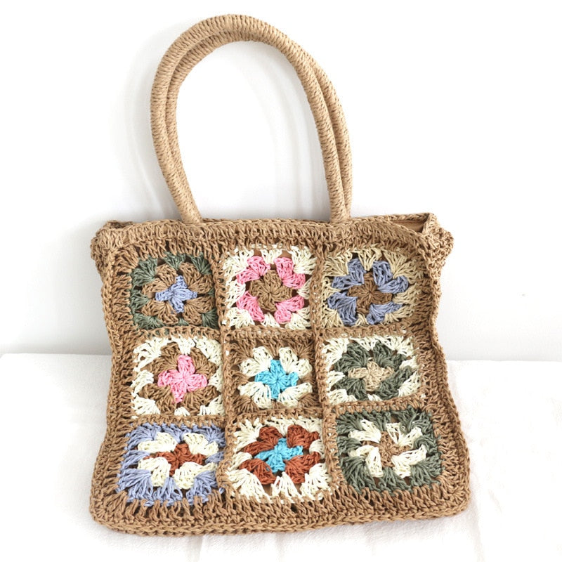 OAQQA Bohemian Style Handmade Straw Bag Designer Multicolor Flowers Splicing Braided Crochet Shoulder Bag Summer Beach Floral Tote