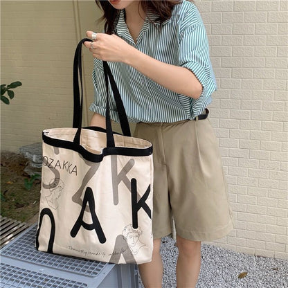 OAQQA Women Canvas Shoulder Bag Environmental Storage Ladies Casual Handbag Tote Bag Large Capacity Cotton Reusable Shopping Beach Bag