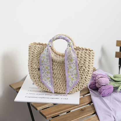 OAQQA Summer Handmade Woven Rattan Straw Bag Round Handle Purple Half Moon Shaped Tote Beach Vacation Female Simple Semicircle Handbag