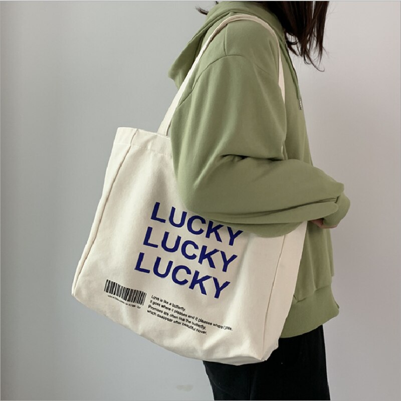 OAQQA Female Shoulder Bags Ins Lazy Large Capacity Shopping Tote Bag Women Casual Simple Letter Print Canvas Class Bags Сумка Женская