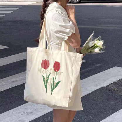 OAQQA OAQQA  Women Canvas Large Capacity Cotton Reusable Shoulder Bag Tulips Printing Ladies Casual Handbag Tote Bag Shopping Beach Bag