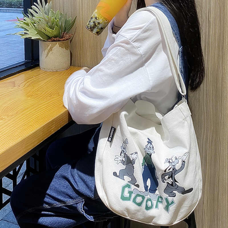 OAQQA Women Canvas Shoulder Bag Goofy Printing Ladies Casual Handbag Tote Bag Large Capacity Cotton Reusable Shopping Beach Bag