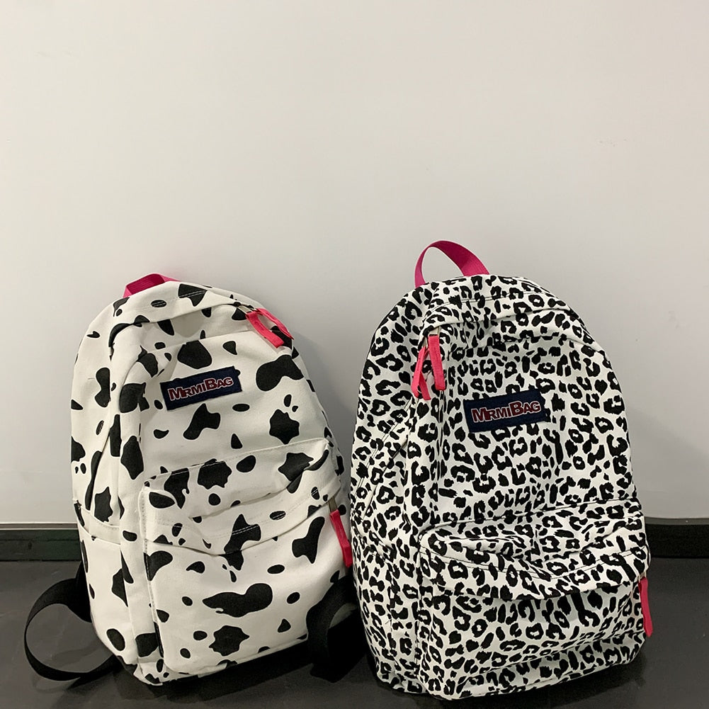 OAQQA Vintage Leopard Cow Pattern Printed Women Backpack Preppy Style Students School Bag Casual Canvas Ladies Large Capacity Knapsack