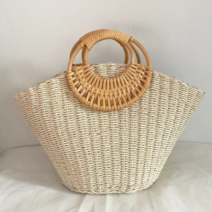 OAQQA Round Handle Straw Bag Fashion Handmade Woven Handbag Summer Vacation Beach Bag Large Capacity Tote Bag Travel Lady Straw Bolsas