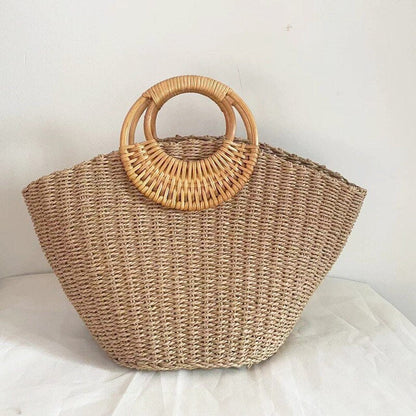 OAQQA Round Handle Straw Bag Fashion Handmade Woven Handbag Summer Vacation Beach Bag Large Capacity Tote Bag Travel Lady Straw Bolsas