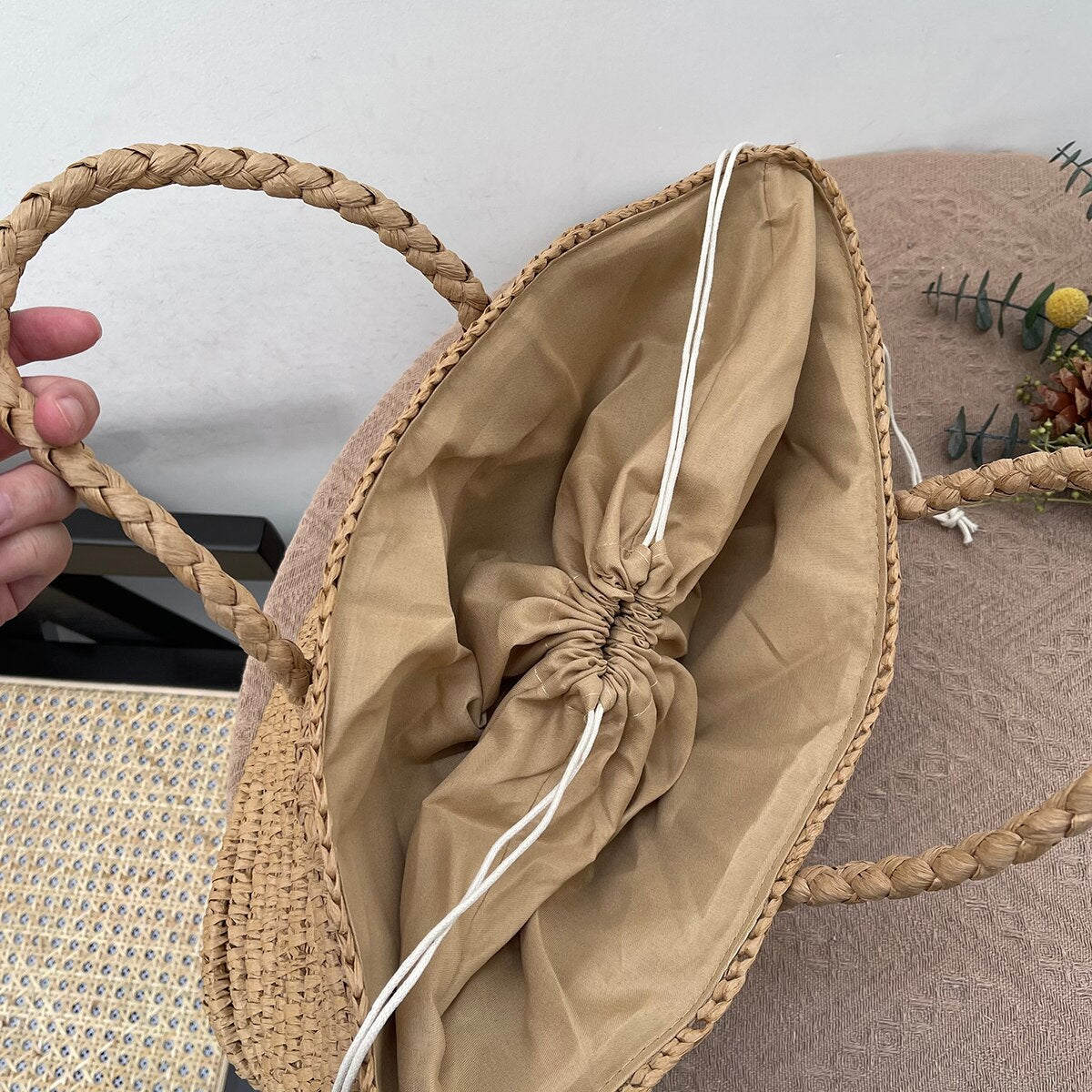 OAQQA Summer New Large Capacity Seaside Beach Bag Handmade Women's Straw Woven Bag Bohemian Bali Vacation Drawstring Handbag Female