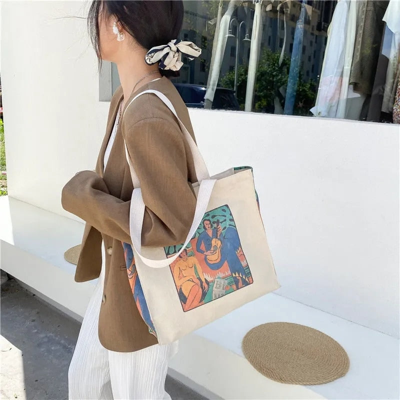 OAQQA Canvas Shoulder Bags for Women  Ladies Casual Handbag Tote Large Capacity Cotton Reusable Oil Painting Shopping Beach Bag