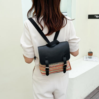 OAQQA Mini Straw Backpack for Women Fashion Leather Splicing Students School Bags Female Travel Bagpack Casual Small Shoulder Bags