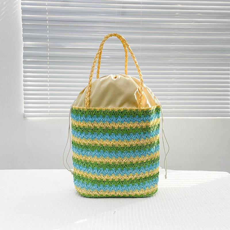 OAQQA Fashion Color Matching Striped Straw Bag Summer Leisure Seaside Beach Tote Large Capacity Handmade Woven Drawstring Shoulder Bag