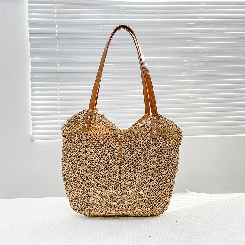 OAQQA Large Capacity Zipper Handmade Straw Tote Bag Summer New Beach Bag Shoulder Bag  Fashion Rattan Woven Rattan Handbag Female