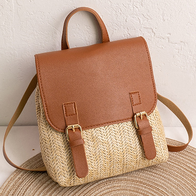 OAQQA Vintage Straw Backpack Women's Fashion Shoulder Bag Versatile Straw Woven PU Leather Elegant Luxury Designer Small Backpack