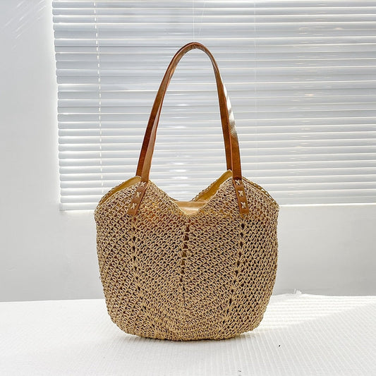 OAQQA Large Capacity Zipper Handmade Straw Tote Bag Summer New Beach Bag Shoulder Bag  Fashion Rattan Woven Rattan Handbag Female