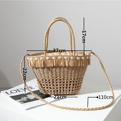 OAQQA Summer New Shell Design Ladies Straw Handbag Leisure Vacation Hollow Out Beach Bag Straw Rope Hand-woven Fringed Shoulder Bag