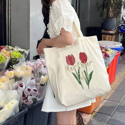 OAQQA OAQQA  Women Canvas Large Capacity Cotton Reusable Shoulder Bag Tulips Printing Ladies Casual Handbag Tote Bag Shopping Beach Bag