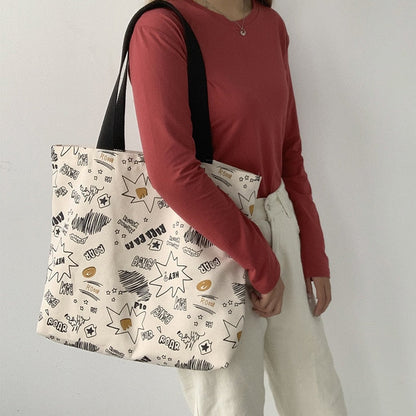 OAQQA Ulzzang Canvas Bag Ins Fashion Cartoon Graffiti Print School Underarm Bags Female Casual Larger Capacity Shopper Shoulder Bag