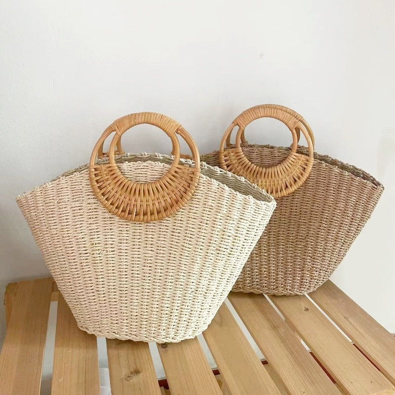 OAQQA Round Handle Straw Bag Fashion Handmade Woven Handbag Summer Vacation Beach Bag Large Capacity Tote Bag Travel Lady Straw Bolsas