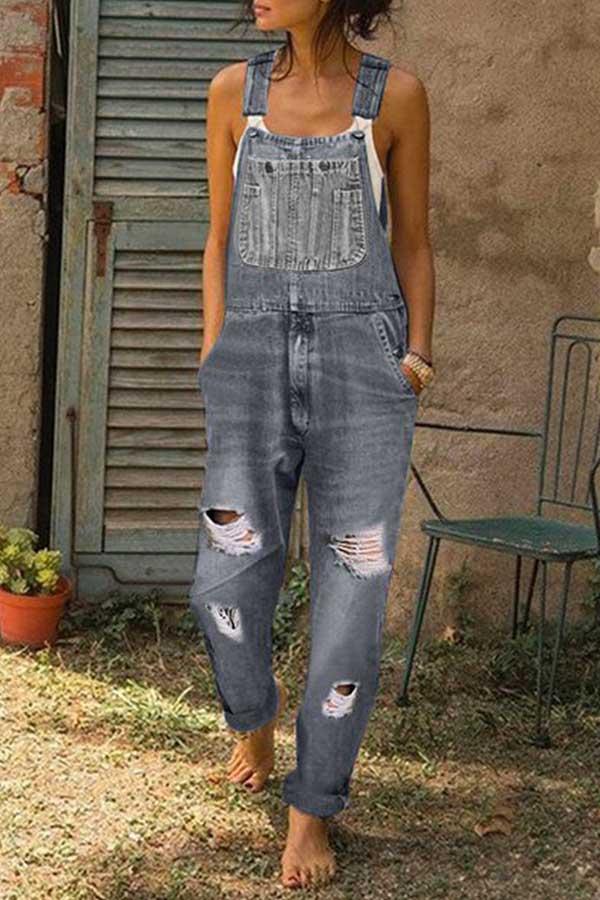 Washed Ripped Hole Denim Overalls(3 Colors)