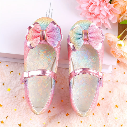 Vibrant Rainbow Bowknot Mary Jane Shoes for Girls - Lightweight, Breathable, Comfortable Dress Shoes for Party, Wedding, and Special Occasions - Trendy, Cute, and Stylish Design for Little Princesses