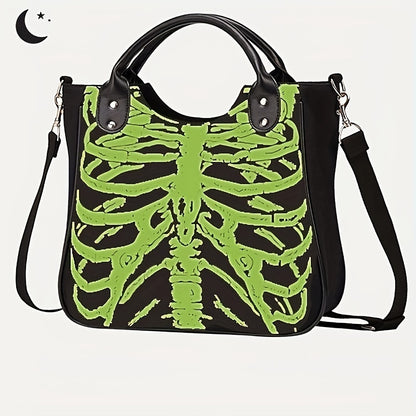 Large Capacity Rib Pattern Canvas Goth Grunge Skeleton Crossbody Bag - Durable, Trendy, and Portable with Double Handle - Perfect for Halloween and Everyday Use