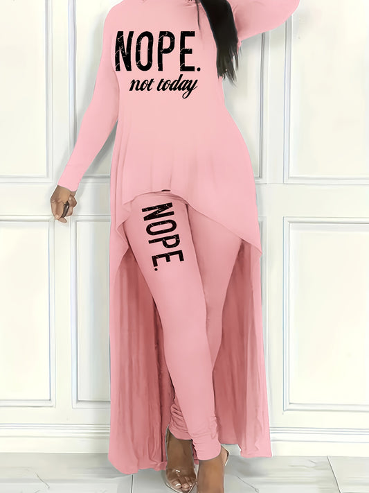 Chic Nope Casual Two-piece Outfit Set - Fashionable Letter Print Top with Trendy Dipped Hem & Slim-fit Pants - Comfortable Long Sleeve Womens Clothing for Stylish Everyday Wear