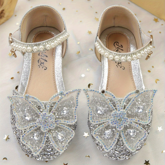 Trendy Cute Shiny Rhinestone Butterfly Pearl Decor Flat Shoes For Girls, Breathable Lightweight Dress Shoes For Party Wedding Performance