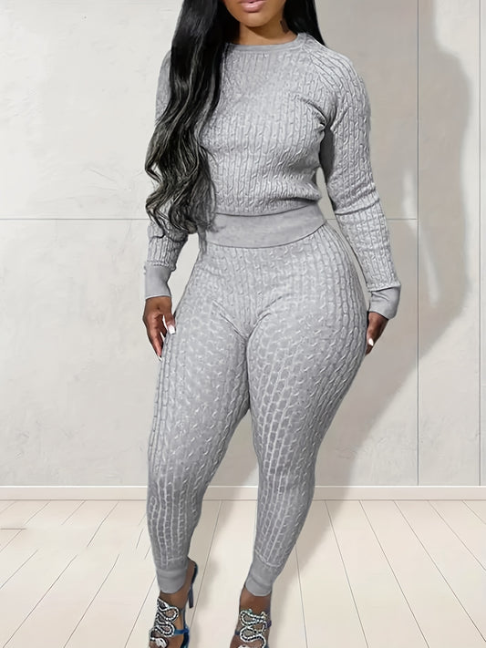 Textured Solid Two-piece Set, Crew Neck Long Sleeve Tops & Slim Pants Outfits, Women's Clothing