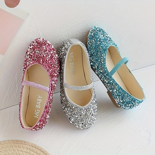 Trendy Elegant Shiny Sequin Mary Jane Shoes For Girls, Comfortable Lightweight Non Slip Dress Shoes For Performance Party, All Seasons