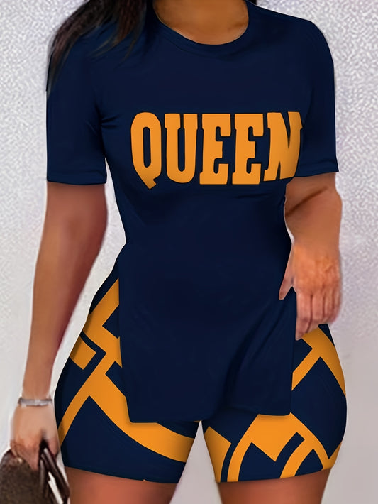 All-Season Queen Print T-Shirt & Shorts Set - Casual, Durable & Mid-Elastic Women's Outfit